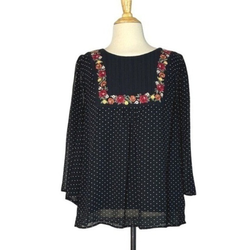 SAVANNA JANE Medium Black Polka Dot Embroidered Cottagecore Peasant Blouse